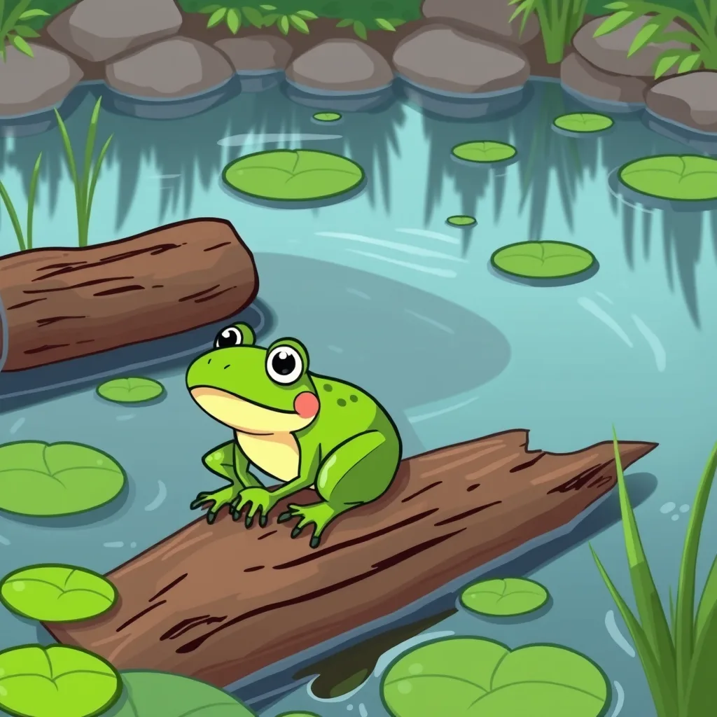 A cartoon green frog sitting on a log in a lily pad pond