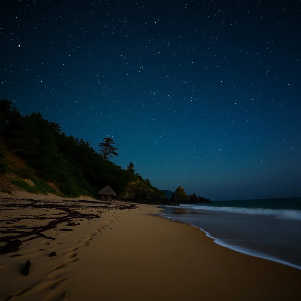 Starry night sky over a sandy beach with waves and a wooded headland