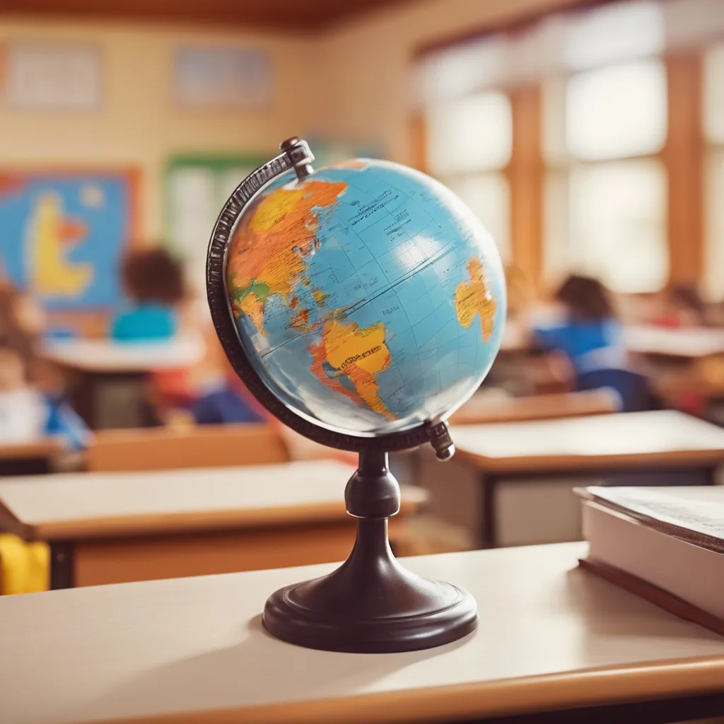 Colorful world globe on a stand atop a desk in a bright classroom