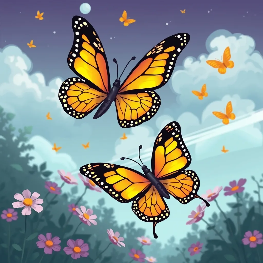 Illustrated monarch butterflies flying over pink wildflowers under a soft evening sky