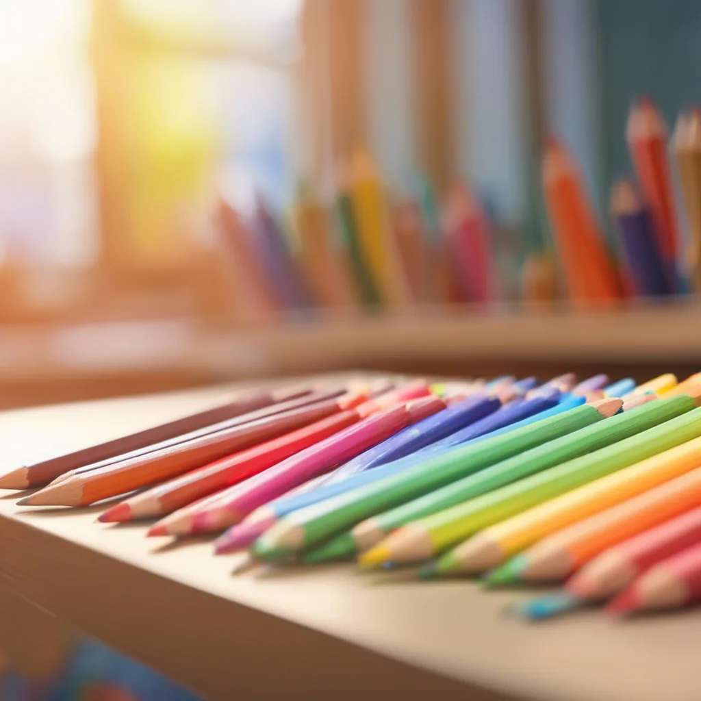 Rainbow of colored pencils fanned out on a desk in a sunlit classroom