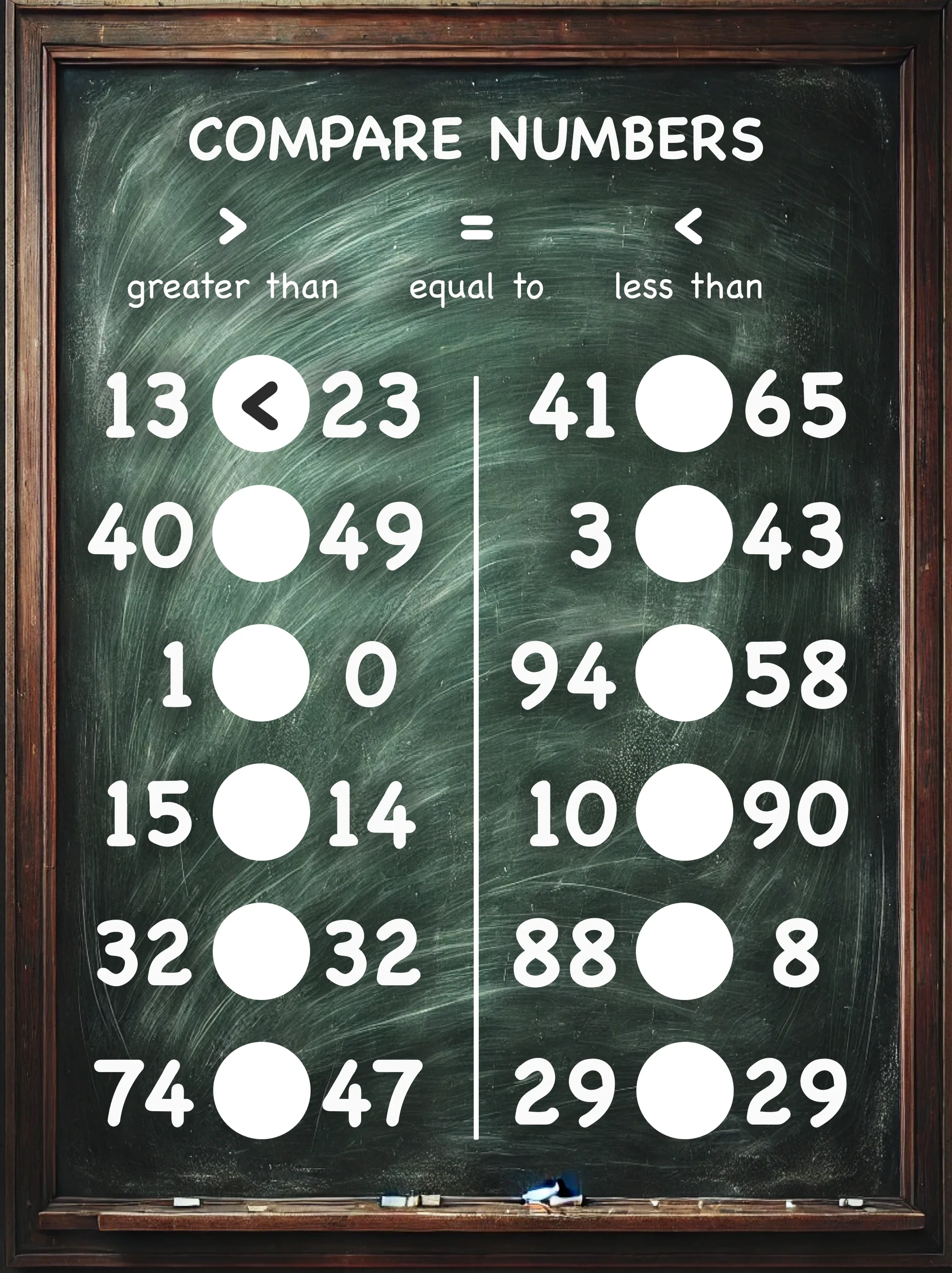 Chalkboard compare numbers worksheet with two-digit number pairs and blank comparison circles