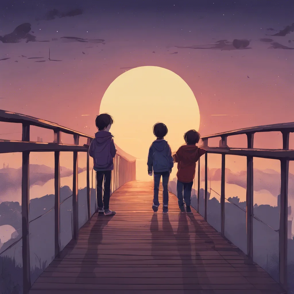 Three children walking across a wooden bridge toward a large setting sun