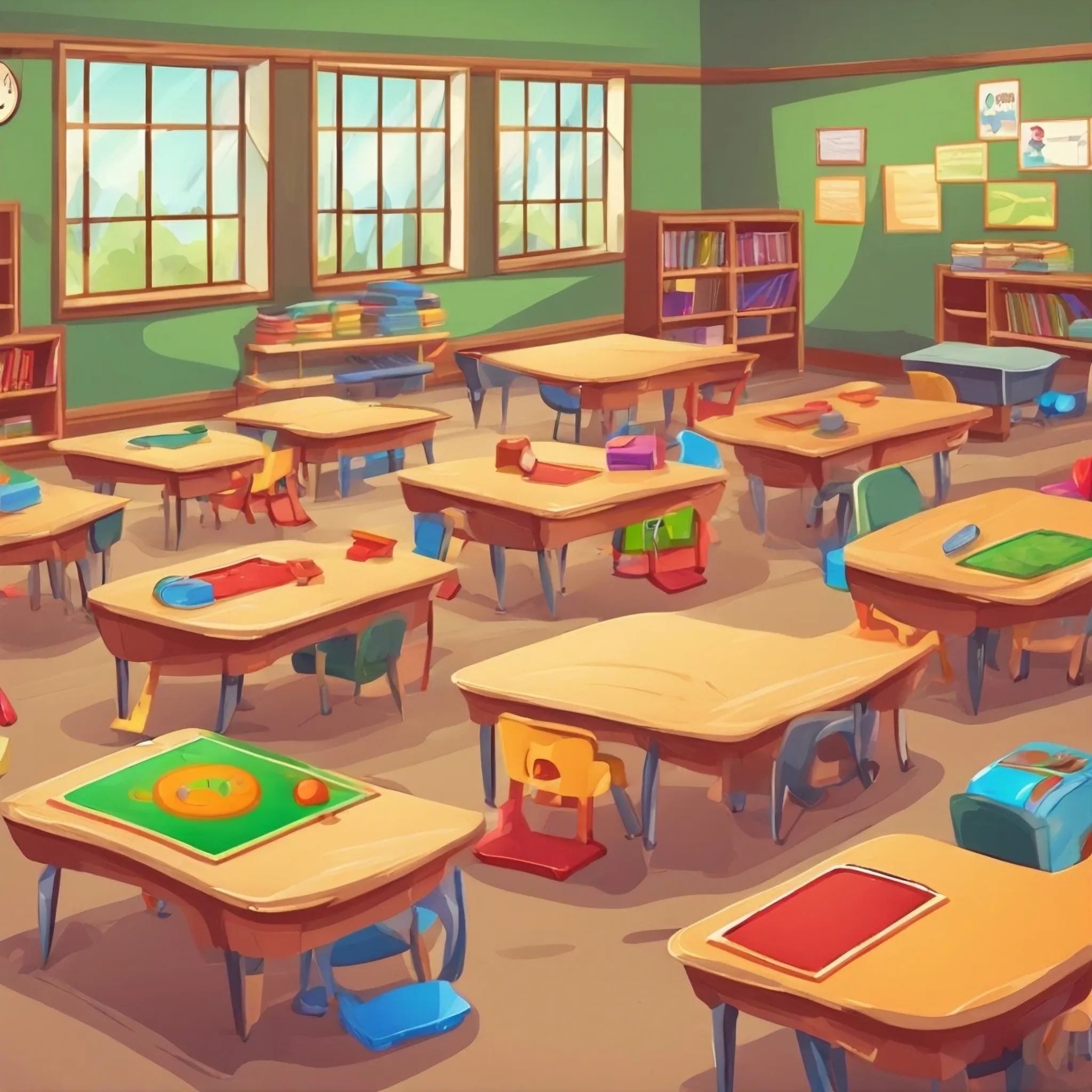 Cartoon elementary classroom with wooden desks, chairs, bookshelves and supplies
