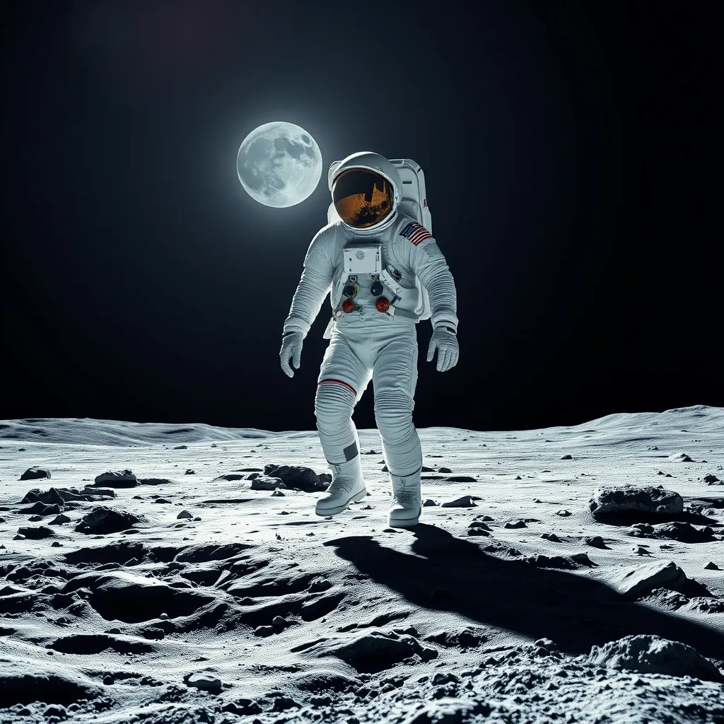 Astronaut in a white spacesuit walking on the moon with Earth behind