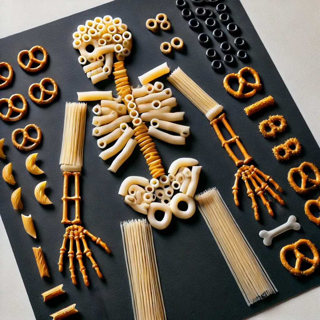 Skeleton craft made from pasta and pretzels arranged on black paper