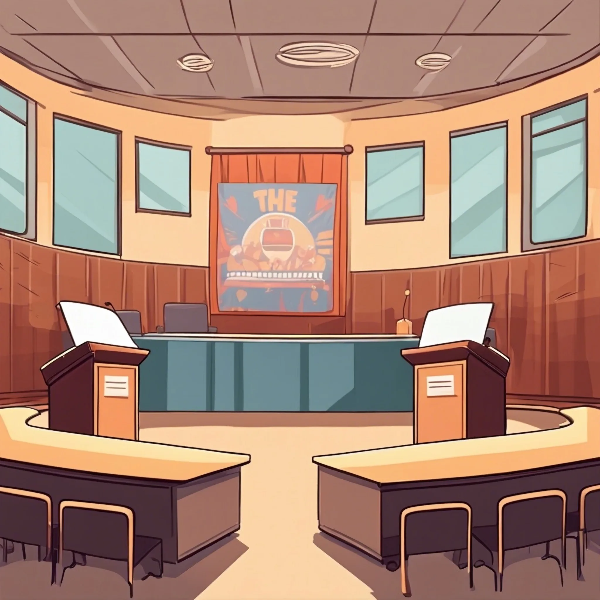 Illustrated debate room with two podiums facing each other and a banner