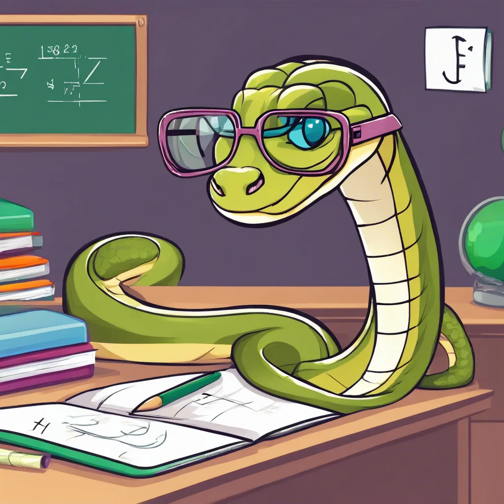 A cartoon green snake wearing glasses studying at a classroom desk