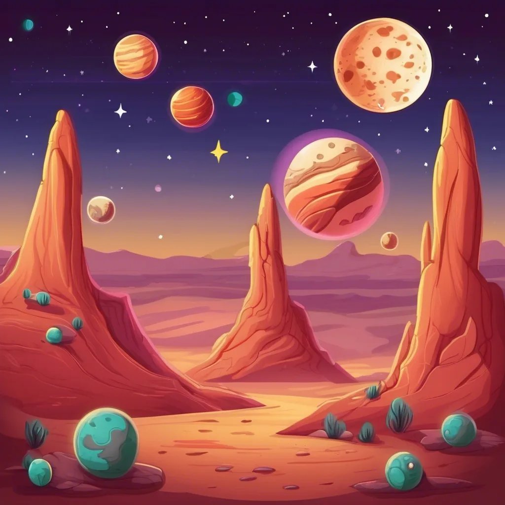 Cartoon alien desert landscape with rocky spires and colorful planets in the sky