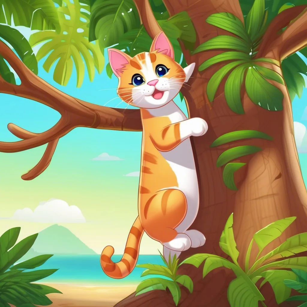 Cartoon orange and white kitten climbing a tree trunk on a sunny tropical beach