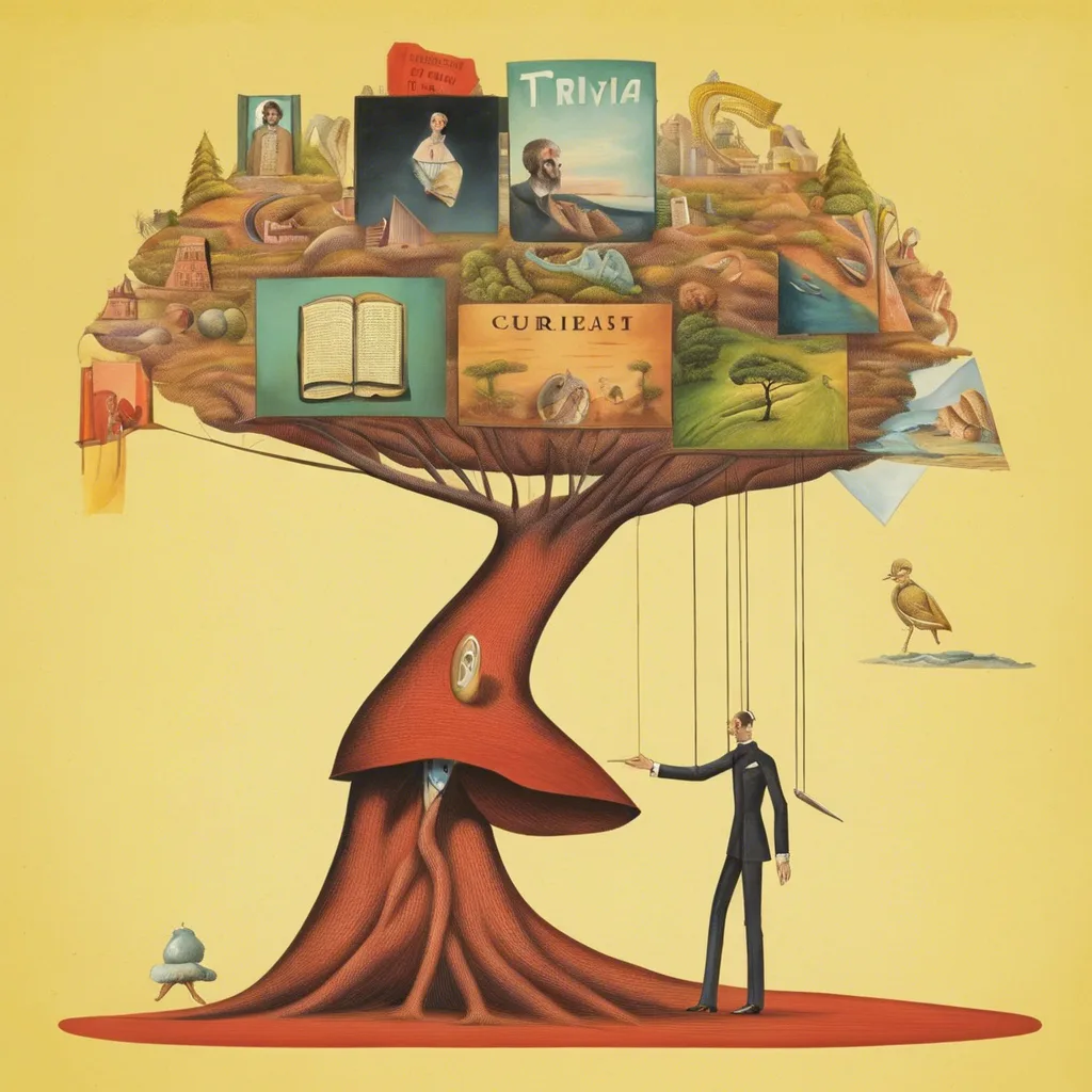 Surreal illustration of a tree growing framed pictures with a man in a suit below
