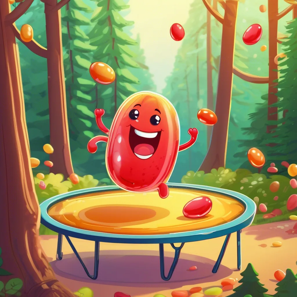 Cheerful cartoon jelly bean bouncing on a trampoline in a forest with jelly beans flying