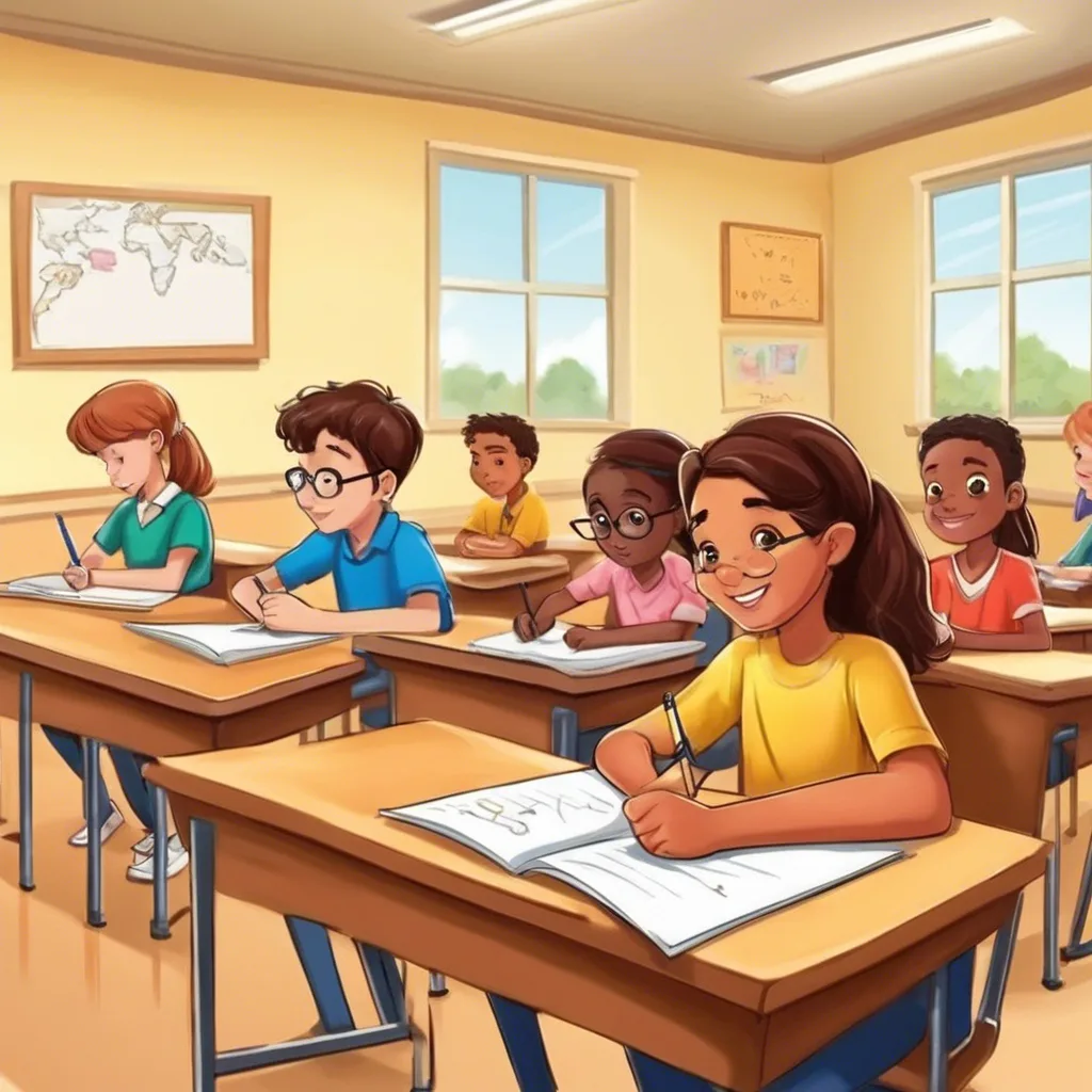 Cartoon students smiling and writing in notebooks at desks in a classroom