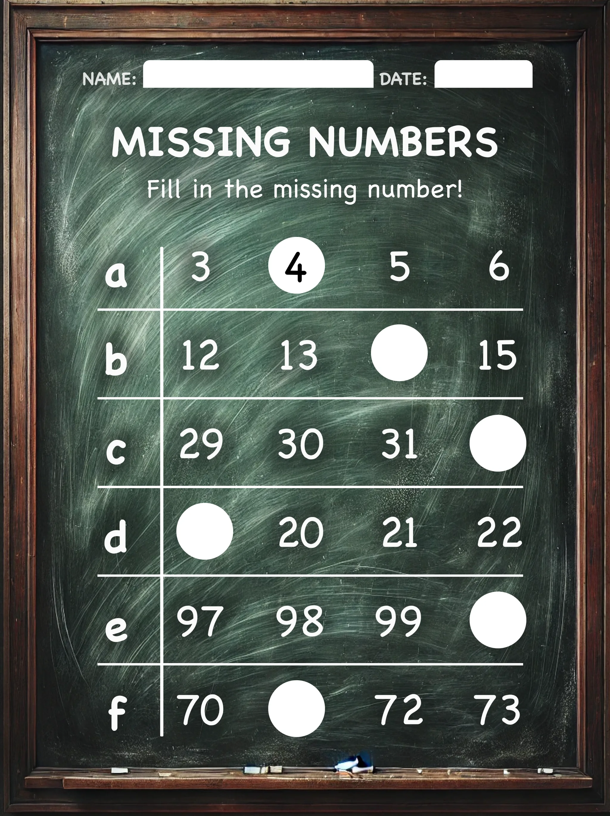 Chalkboard-style worksheet with rows of numbers and blank circles to fill in missing numbers