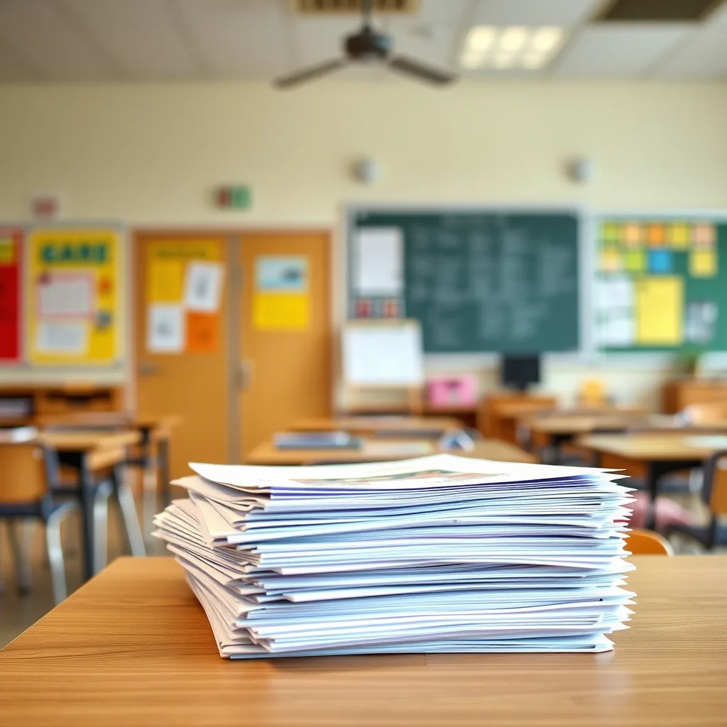 Tall stack of papers on a desk in a blurred, empty classroom