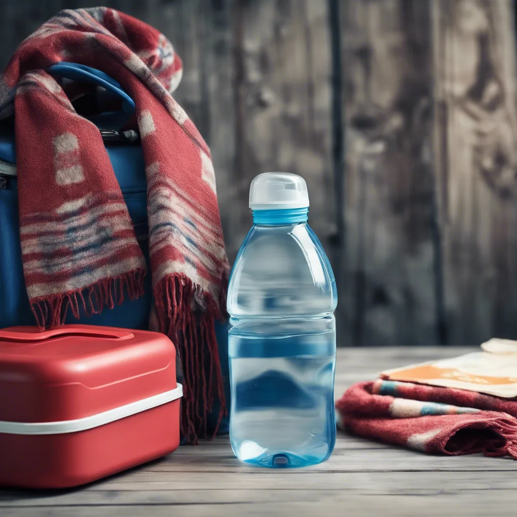 Clear water bottle beside a red lunch box, blue bag and plaid scarf on a wooden table
