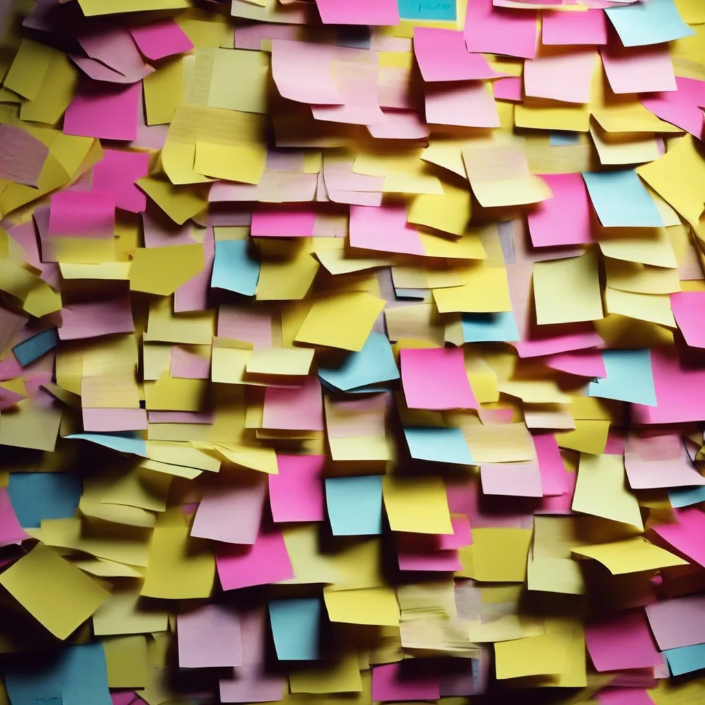 Wall densely covered in overlapping yellow, pink and blue sticky notes