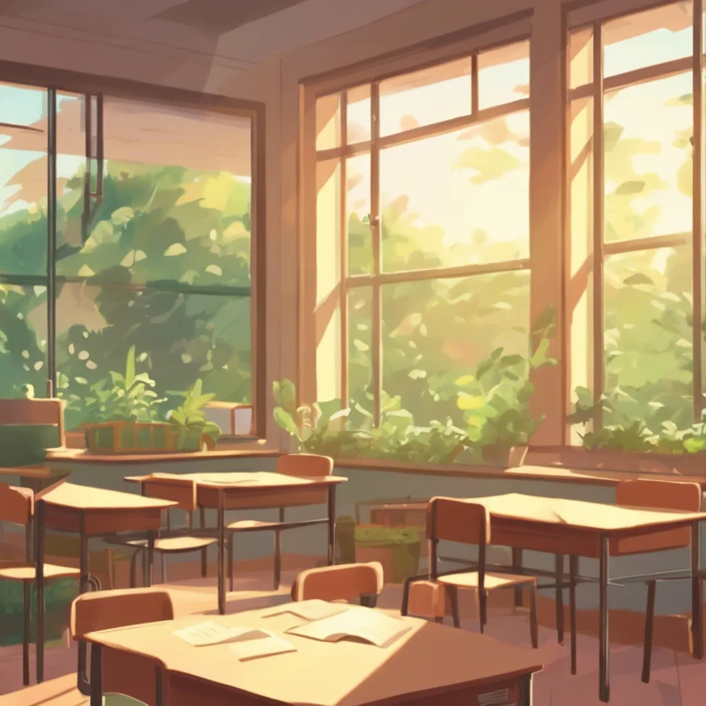 A sunlit empty classroom with desks and plants beside large windows