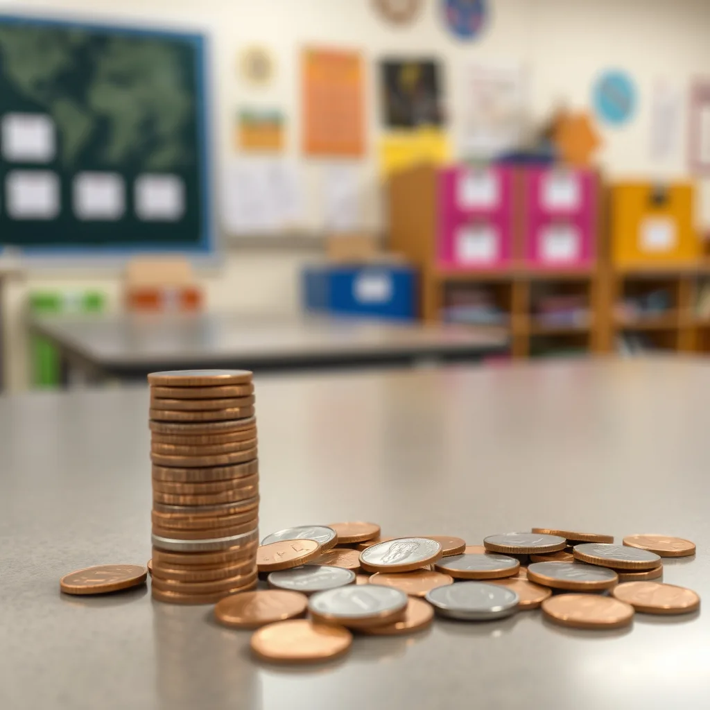 Stack and scatter of coins on a table in a blurred classroom