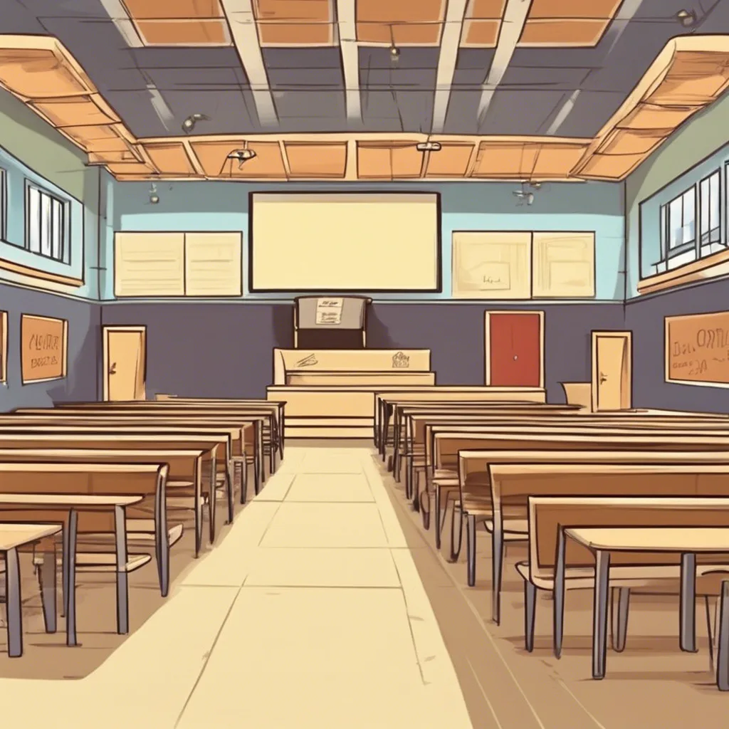 An empty lecture hall with rows of desks facing a projector screen