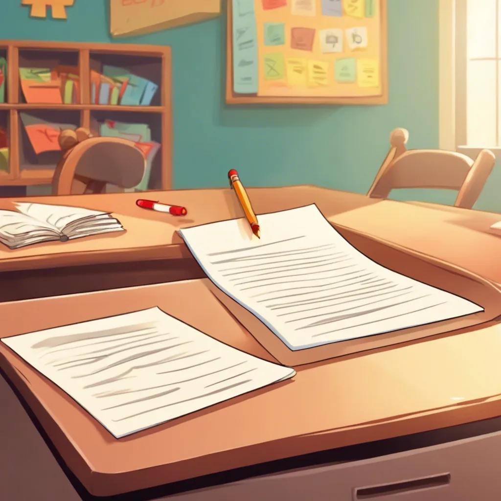 A sheet of paper and pencil on a desk in a colorful classroom