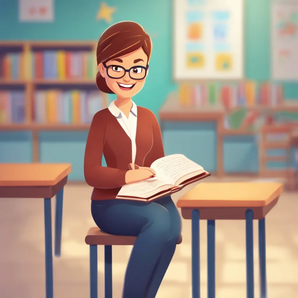 Illustrated teacher in glasses smiling and holding an open book in a classroom