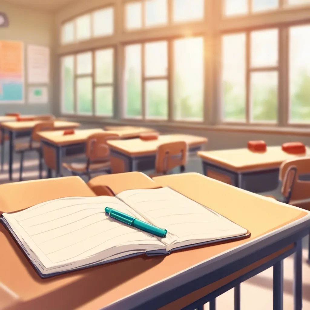 Open notebook with a green pen resting on a desk in a sunlit classroom