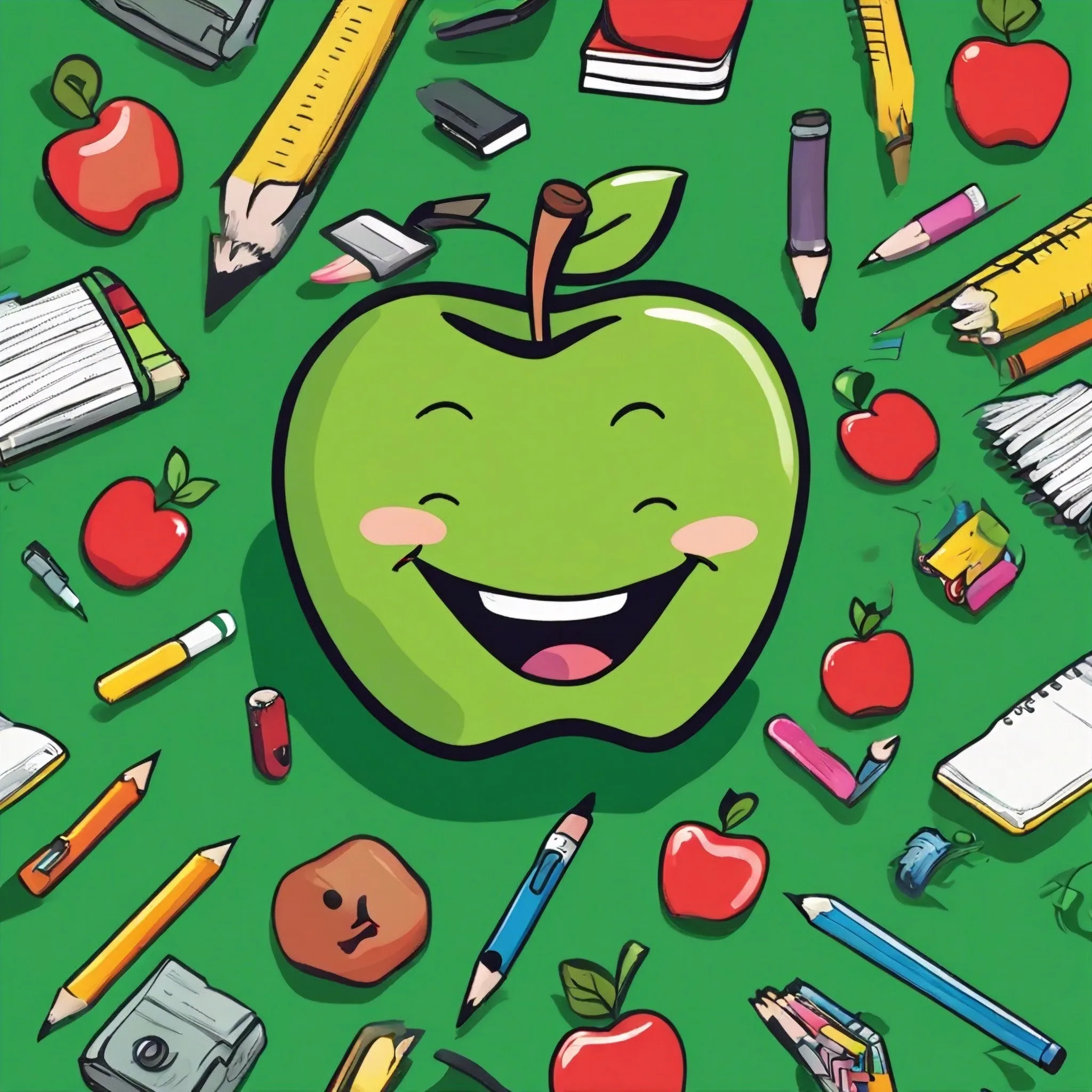 Cartoon smiling green apple surrounded by pencils, rulers and school supplies