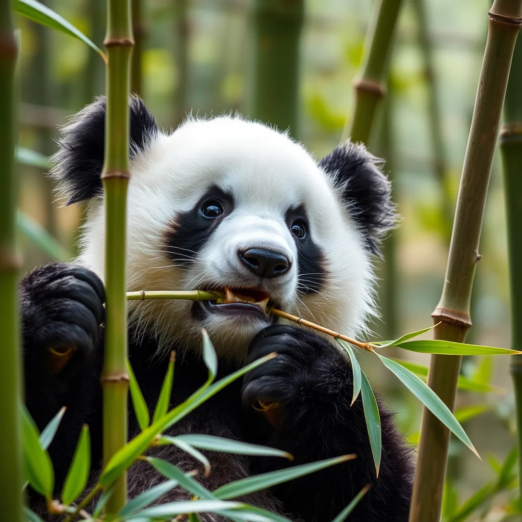 A giant panda eating bamboo in a green bamboo forest