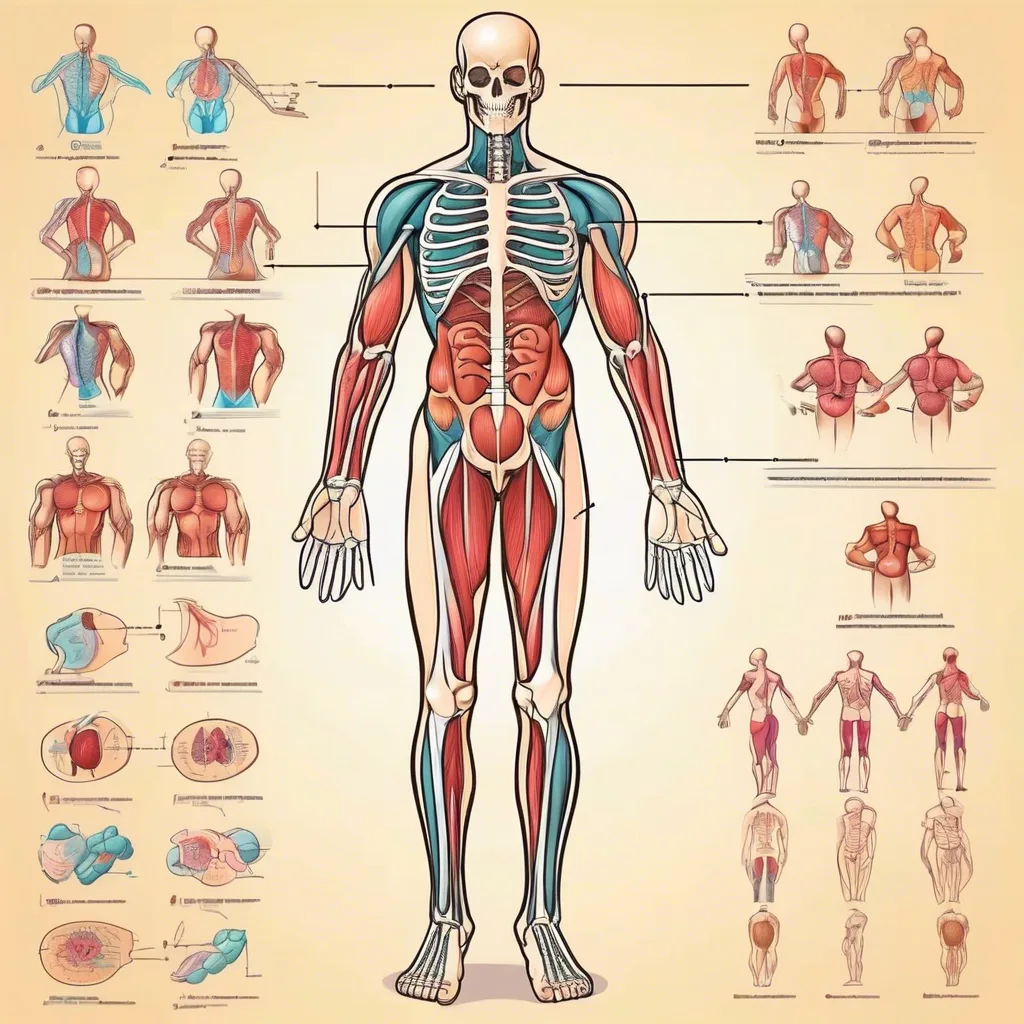 An anatomical diagram of the human body showing muscles, skeleton, and organs