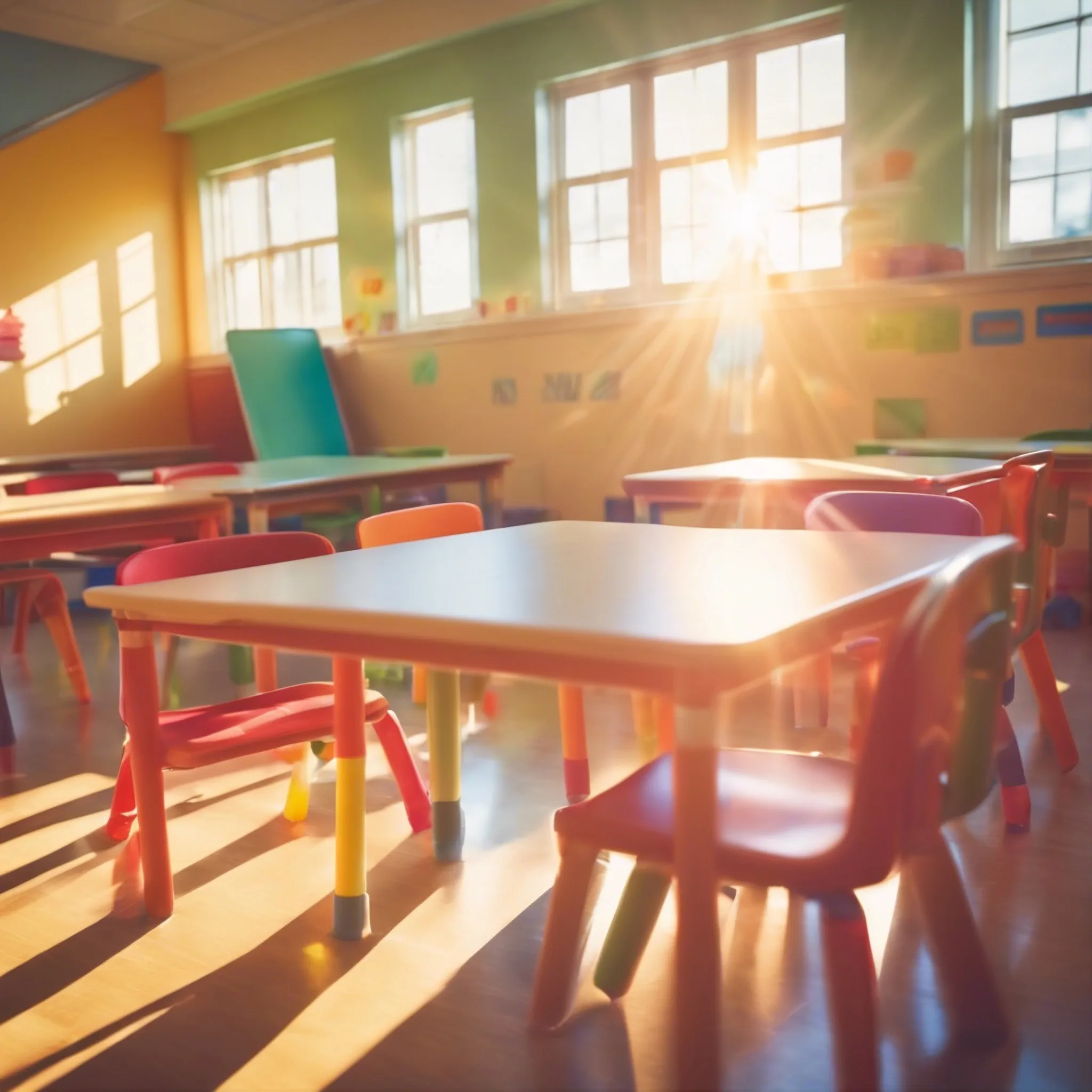 Sunlit early childhood classroom with small colorful tables and chairs