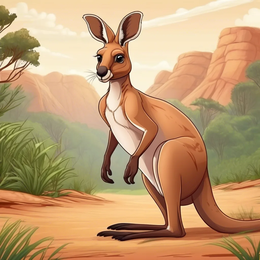 A cartoon red kangaroo standing in the Australian outback with red rock cliffs