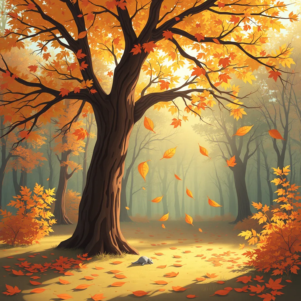 Illustrated autumn forest with a large tree shedding orange leaves in warm sunlight