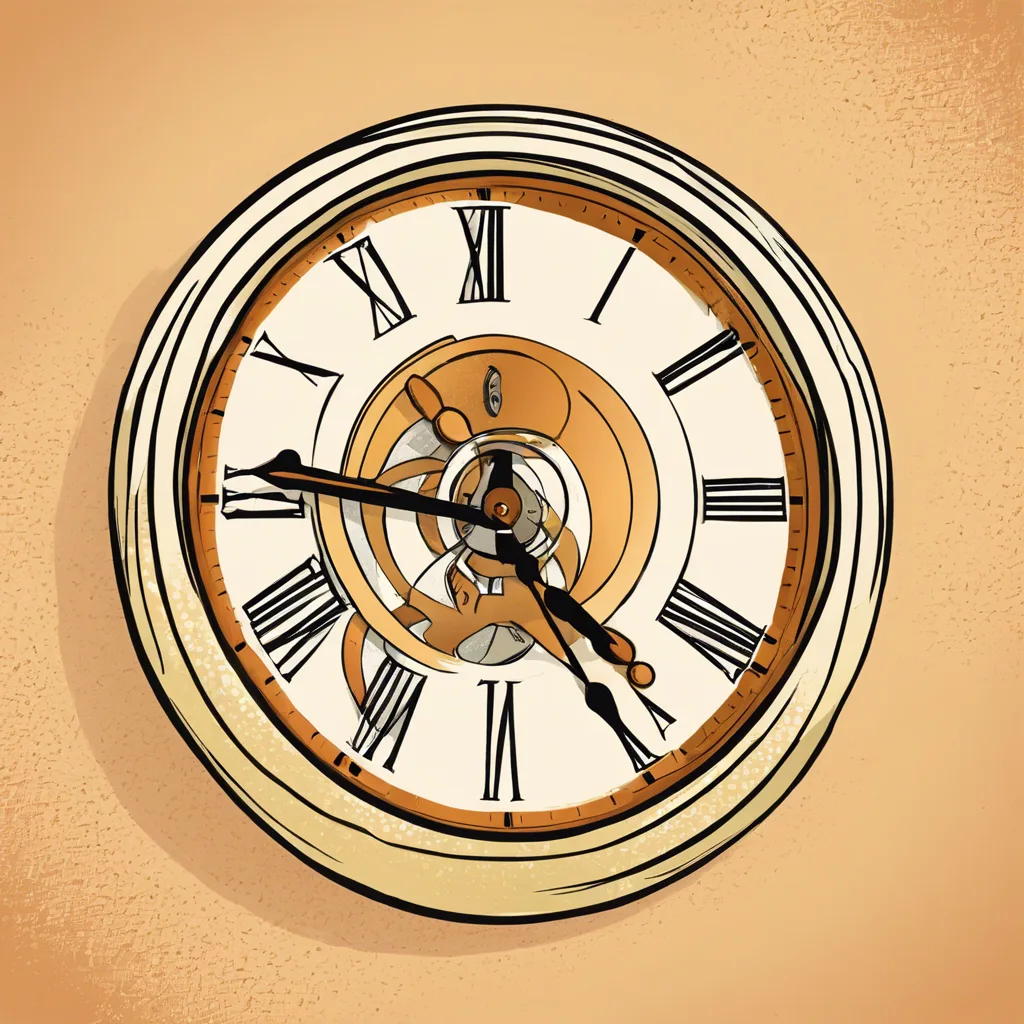 Illustrated antique wall clock with Roman numerals and exposed gears on a warm wall