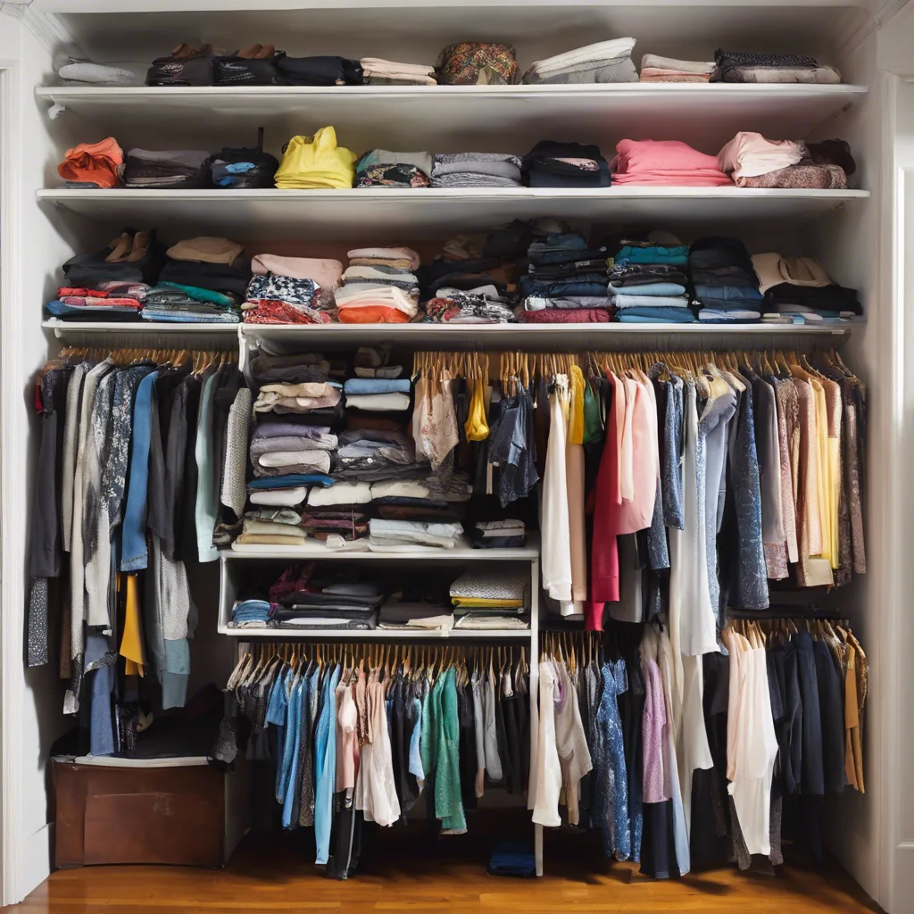 Closet packed with neatly folded and hanging clothing