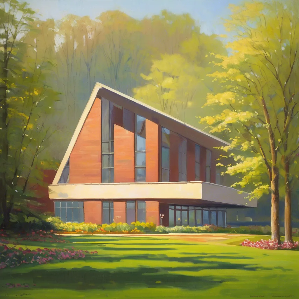 Impressionist painting of a modern building surrounded by green trees and flowers