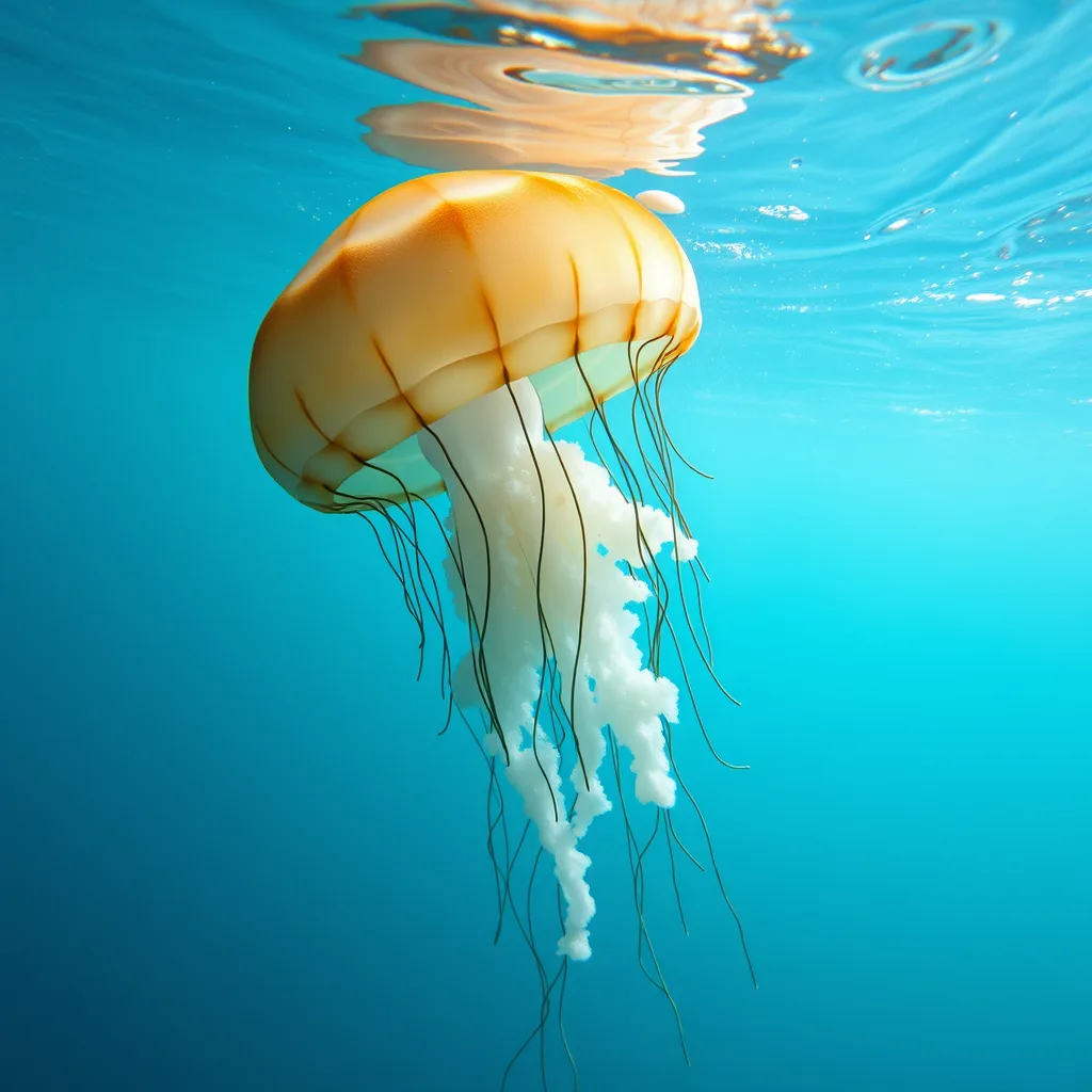 Orange jellyfish drifting with trailing tentacles in bright blue water