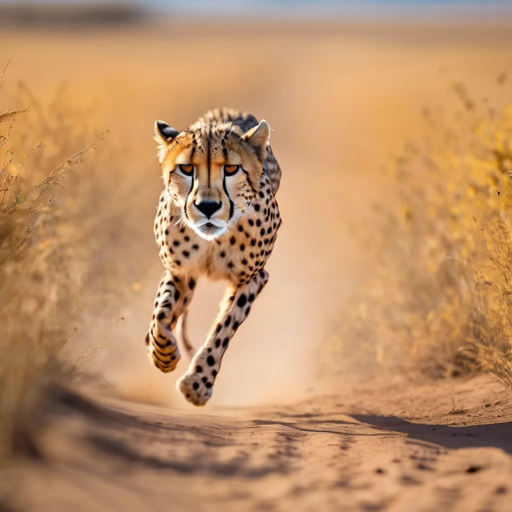 Cheetah sprinting at full speed down a dusty savanna path