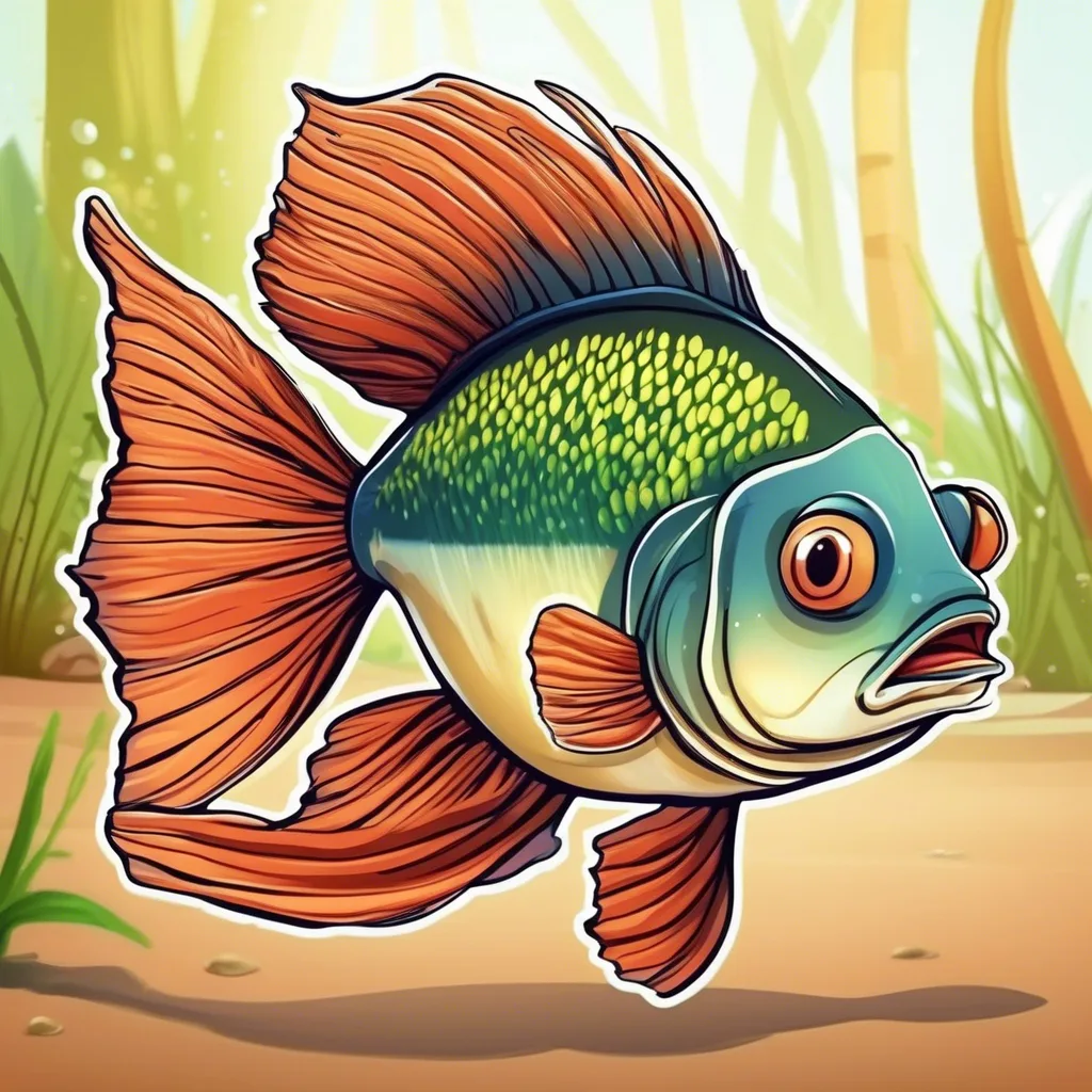 Cartoon fish with a green speckled body and long orange fins underwater