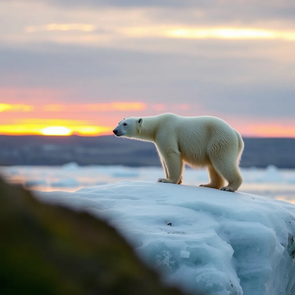 Polar bear standing on ice near open water at sunset