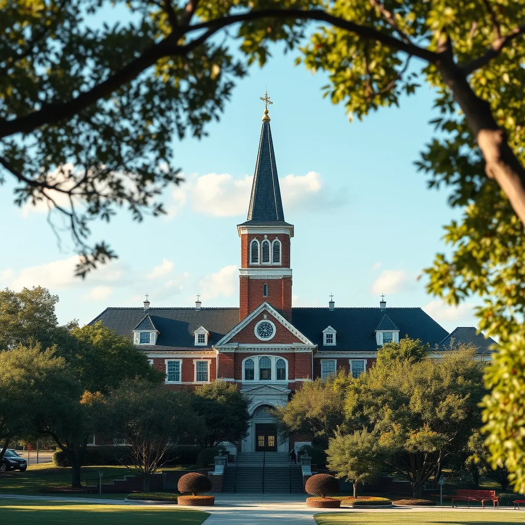 A large brick school building with a tall steeple framed by green trees