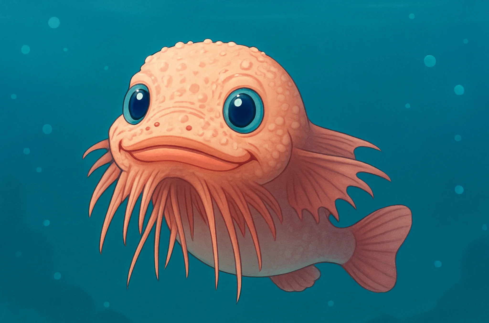Illustration of a smiling pink bumpy snailfish with big eyes underwater