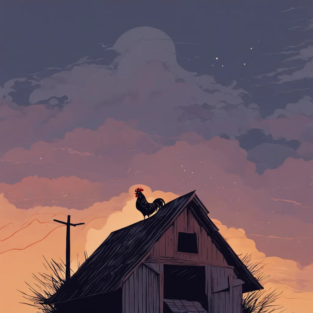 A rooster crowing on a barn roof against a colorful dusk sky
