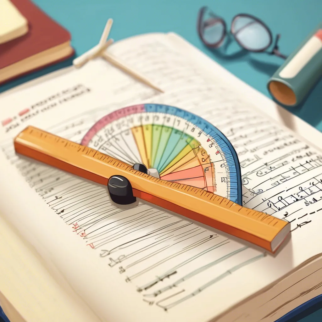 Protractor and ruler resting on an open notebook with a pencil and glasses