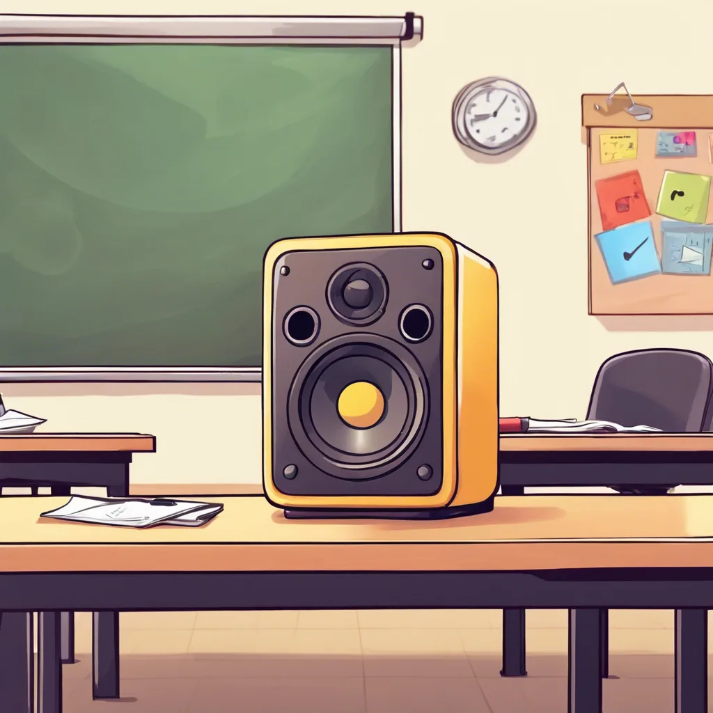 Cartoon classroom with a loudspeaker on a desk in front of a chalkboard