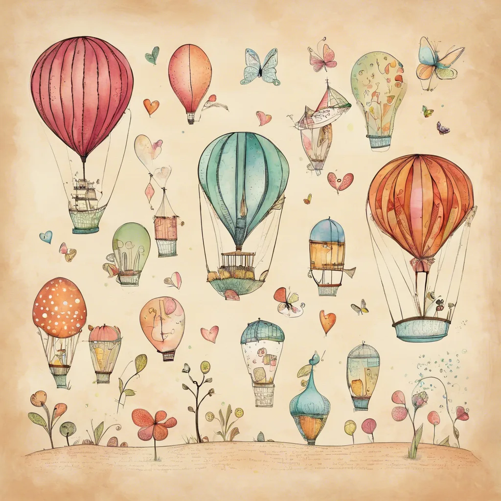 Whimsical watercolor hot air balloons drifting among butterflies, hearts and flowers