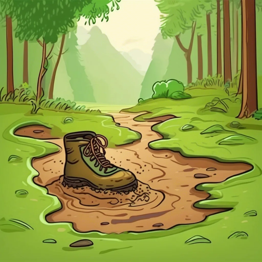 Cartoon muddy hiking boot stuck in a puddle on a forest trail