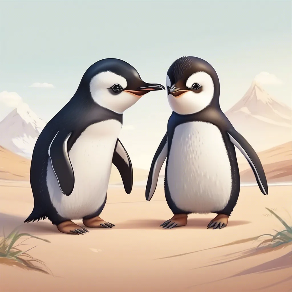 Two illustrated penguins facing each other on a snowy plain