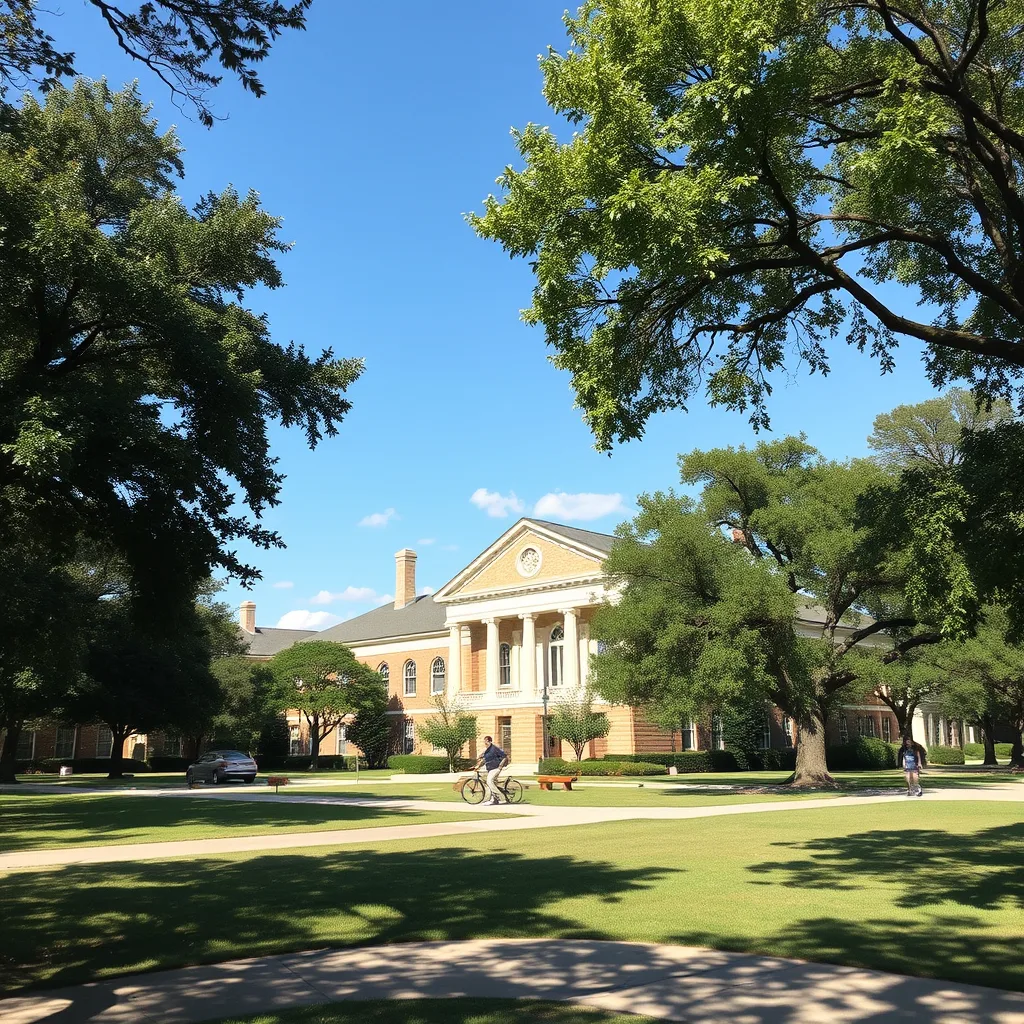 A historic campus building framed by green trees under a clear blue Austin sky
