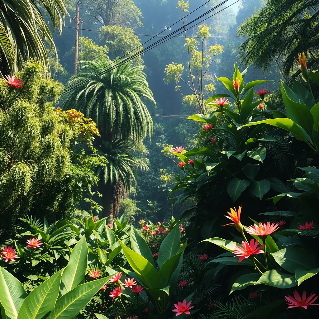 Lush tropical rainforest with palms and bright pink flowers
